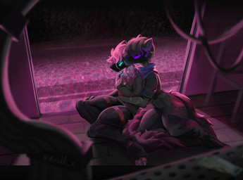 anthro black_body black_fur blue_eyes clothing detailed_background duo female fur hand_holding hug machine male pink_body pink_fur purple_eyes romantic sitting thick_thighs moldb_x space_station_13 humanoid protogen