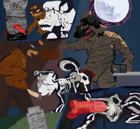 3_panel_comic adolescent adolescent_on_adolescent anal anthro big_penis blush bodily_fluids camera cemetery clothing cum cum_in_ass cum_inside dripping fellatio full_moon genital_fluids genitals green_eyes group hair holidays hoodie humor knot knotted_penis licking male male/male moon night nude_male oral penile penis penis_lick precum precum_drip recording red_eyes sex skeleton_bodypaint skeleton_costume spitroast text tombstone tongue topwear torn_clothing trio white_hair young domgbast halloween gulonine hyena mammal marten mephitid mustelid musteline sable_(marten) skunk striped_hyena werecreature werehyena collage_(artwork) english_text hi_res