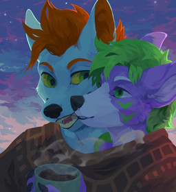 ambiguous_gender anthro black_nose blue_body blue_fur clothed clothing cloud container cup duo fur green_eyes green_hair hair holding_container holding_cup holding_mug holding_object mug open_mouth open_smile orange_hair outside purple_body purple_fur red_tongue smile steam tongue unsigned white_body white_fur yellow_sclera corzh77 canid mammal hi_res