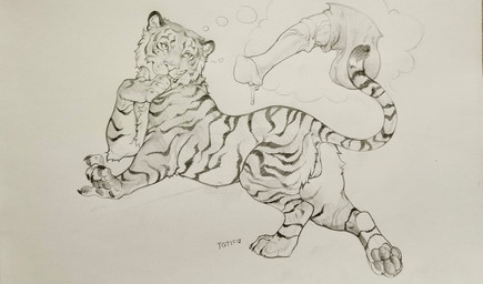 animal_genitalia animal_penis balls bodily_fluids butt claws equine_genitalia equine_penis erection feral fingers flared_penis fur genital_fluids genitals licking licking_paws male open_mouth pawpads paws penis simple_background smile solo striped_body stripes tail teeth tongue vein veiny_penis conditional_dnp tgt1512 equid equine felid horse mammal pantherine tiger graphite_(artwork) greyscale hi_res monochrome sketch traditional_media_(artwork)