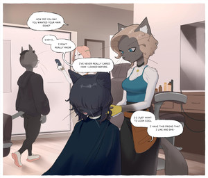 5_fingers anthro apron bangs barber barber_cape barber_shop biped black_apron black_body black_claws black_clothing black_collar black_ears black_fur black_hair black_hoodie black_inner_ear_fluff black_leggings black_legwear black_nose black_text black_topwear black_whiskers blue_clothing blue_eyes blue_shirt blue_tank_top blue_topwear border breasts brown_hair butt chair claws clothed clothed_anthro clothed_female clothed_male clothing collar collar_tag desk dialogue duo_focus fangs female female_anthro finger_claws fingers floor footwear fur furniture gloves grey_body grey_ears grey_fur grey_tail group hair hair_over_eyes handwear hoodie inner_ear_fluff inside leggings legwear long_hair long_sleeves looking_down male male_anthro medium_breasts mirror multicolored_body multicolored_clothing multicolored_footwear multicolored_fur multicolored_shoes nervous open_mouth pink_clothing pink_ears pink_footwear pink_hair pink_nose pink_shirt pink_shoes pink_tank_top pink_tongue pink_topwear plantigrade pointy_ears prick_ears pupils shirt shoes short_hair sitting slit_pupils sneakers snout speech_bubble standing stuttering table tail talking_to_another tank_top teeth text tongue topwear tuft two_tone_body two_tone_clothing two_tone_footwear two_tone_fur two_tone_shoes walking whiskers white_body white_border white_clothing white_footwear white_fur white_inner_ear_fluff white_shoes white_whiskers wood wood_floor yellow_clothing yellow_gloves yellow_handwear matchattea dallas_(matchattea) simone_(matchattea) domestic_cat felid feline felis mammal 2026 english_text