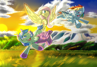 cloud feathered_wings feathers female feral flying group happy hay_field landscape male mountain open_mouth scared shy snow sunset wings n-prophet friendship_is_magic hasbro my_little_pony mythology fan_character fluttershy_(mlp) rainbow_dash_(mlp) equid equine mammal mythological_creature mythological_equine pegasus 2016 absurd_res digital_media_(artwork) hi_res