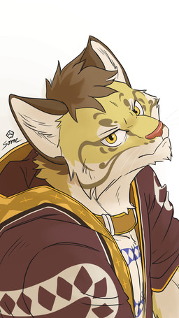 anthro brown_clothing brown_hair brown_jacket brown_topwear chest_tattoo clothed clothing collar facial_markings fur hair head_markings head_tilt hood jacket looking_at_viewer male markings partially_clothed solo spots spotted_markings tattoo topwear yellow_eyes some_(someone) nekojishi studio_klondike likulau felid leopard mammal pantherine absurd_res digital_media_(artwork) hi_res