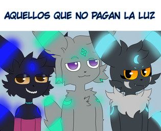 ambiguous_gender anthro black_body black_fur bright brown_eyes chest_tuft choker circle_(marking) clothing diamond_(marking) facial_markings fangs fur fur_markings glowing glowing_markings grey_body grey_fur group head_markings jewelry looking_at_viewer male markings neck_tuft necklace nude purple_eyes raised_tail ribbons_(anatomy) ring_(marking) simple_background smile tail teeth text topwear trio tuft white_sclera yellow_sclera zigzag_teeth blackyumbreon snowforever21 nintendo pokemon blackyumbreon_(character) fan_character eeveelution generation_2_pokemon generation_6_pokemon hybrid pokemon_(species) sylveon umbreon absurd_res hi_res meme spanish_text translated