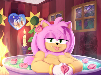 accessory anthro big_breasts bracelet breasts candle clothing duo eating female flower food freckles gloves hair_accessory hairband handwear hot_tub jewelry male mirror mostly_nude_female narrowed_eyes plant tongue tongue_out friedpeep sega sonic_the_hedgehog_(series) amy_rose sonic_the_hedgehog eulipotyphlan hedgehog mammal hi_res watermark