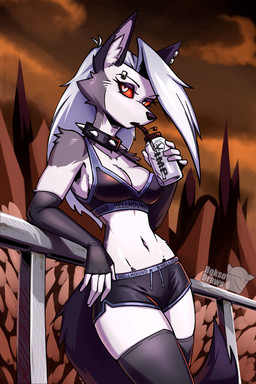 anthro black_nose bottomwear bra breasts clothed clothed_anthro clothed_female clothing dolphin_shorts drinking female fur grey_body grey_fur grey_hair hair legwear medium_breasts midriff navel red_sclera shorts solo sports_bra stockings tail underwear water white_body white_eyes white_fur roksodraws hellaverse helluva_boss mythology loona_(helluva_boss) canid canid_demon canine demon hellhound mammal mythological_canine mythological_creature 2:3