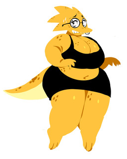 anthro belly big_breasts black_bottomwear black_bra black_clothing black_sports_bra black_underwear bodily_fluids bottomwear bra breasts buckteeth cleavage clothed clothed_anthro clothed_female clothing eyebrows eyelashes eyewear female female_anthro fingers freckled_breasts freckled_face freckled_hips freckled_legs freckled_shoulders freckled_tail freckled_thighs freckles front_view glasses long_eyelashes looking_back markings midriff navel nervous nervous_sweat round_glasses simple_background slightly_chubby slightly_chubby_anthro slightly_chubby_female solo sports_bra spot_freckles spots spotted_breasts spotted_face spotted_hips spotted_legs spotted_markings spotted_shoulders spotted_tail spotted_thighs sweat tail tail_markings teeth thick_thighs underwear wearing_glasses white_background yellow_tail animation_sensation undertale_(series) alphys monster reptile scalie 2026 absurd_res digital_drawing_(artwork) digital_media_(artwork) english_description full-length_portrait hi_res portrait