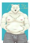 2018 anthro areola bear black_nose border bottomwear bulge chest_tuft clothed clothing eyes_closed front_view fur fur_tuft grey_bottomwear grey_clothing hand_on_belly holding_belly male mammal navel nipples overweight overweight_anthro overweight_male pink_areola pink_nipples polar_bear portrait round_ears simple_background solo three-quarter_portrait topless tori2tea tuft ursine white_body white_border white_ears white_fur