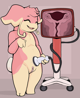 anthro cervix clitoral_hood eyes_closed fallopian_tubes female female_anthro genitals gloves_(marking) internal internal_vaginal machine markings medical_instrument nude nude_anthro nude_female open_mouth ovaries pink_body scientific_instrument solo standing tan_body ultrasound uterus vulva flowerbud nintendo pokemon iris_(flowerbud) audino generation_5_pokemon pokemon_(species) hi_res