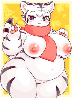 4_fingers anthro belly big_belly big_breasts black_stripes blue_eyes blush border breasts curvy_figure ear_tuft eyebrows eyelashes featureless_crotch female female_anthro fingers fur kemono leucistic looking_at_viewer markings navel nipples overweight overweight_female pawpads paws pink_nipples pink_pawpads raised_eyebrows red_scarf scarf simple_background smile smiling_at_viewer solo striped_body striped_fur stripes thick_arms thick_thighs tuft voluptuous white_body white_fur wide_hips yellow_background takiune_(pixiv) felid mammal pantherine tiger 2021 3:4 aliasing digital_media_(artwork) low_res portrait three-quarter_portrait