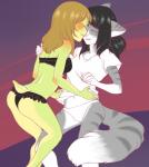 anthro clothing duo female green_body green_skin panties pigtails short_tail tail underwear undressing bramblefix frogela amphibian domestic_cat felid feline felis frog mammal kat_(disambiguation) hi_res