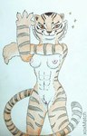 anthro breasts claws female fur genitals medium_breasts multicolored_body muscular nude orange_body orange_fur pose pussy red_eyes simple_background smile solo stretching striped_body stripes tail two_tone_body xoxmatch_(artist) dreamworks kung_fu_panda master_tigress felid mammal pantherine tiger 2023 signature traditional_media_(artwork)