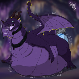ambiguous_gender anal anal_vore belly big_belly black_collar brown_horn collar duo feral horn huge_belly open_mouth overweight purple_arms purple_body purple_legs purple_tail purple_wings rumbling_stomach tail text vore wings yauhasart mythology dragon mythological_creature mythological_scalie scalie 1:1 2026 english_text flat_colors watermark