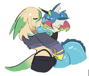 anthro blush bottomwear bra clothing dialogue drinking duo eyes_closed female female/female frill_(anatomy) green_blush hair hat headgear headwear kissing panties pants pokemorph shirt topwear underwear water shiyaa_stuff nintendo pokemon velena_(shiyaa_stuff) eeveelution generation_1_pokemon generation_4_pokemon leafeon pokemon_(species) vaporeon