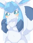 :< abstract_background anthro anthrofied blue_body blue_eyes blue_fur blue_hair blush breasts chest_tuft featureless_breasts featureless_crotch female fluffy fur hair hand_behind_back hand_on_hair handpaw kemono navel nude paws pokemorph small_breasts solo standing tail tuft kuzuyu nintendo pokemon eeveelution generation_4_pokemon glaceon pokemon_(species) hi_res