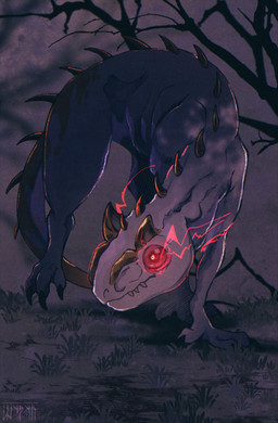 ambiguous_gender brown_body brown_skin claws fangs feral forest grass plant purple_body purple_skin red_eyes solo spikes spikes_(anatomy) teeth tree shyryp hybrid lizard monster reptile scalie absurd_res digital_media_(artwork) hi_res sketch