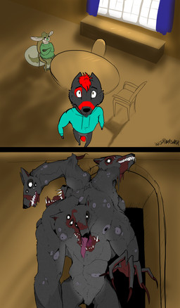 anthro bottomless clothed clothing female gore group male sitting tongue tongue_out trio wishwasher mythology the_backrooms fury_(furythewolf) backrooms_creature canid canine canis eldritch_abomination eldritch_being mammal mythological_canine mythological_creature werecanid werecanine werecreature werewolf wolf yowie absurd_res comic hi_res
