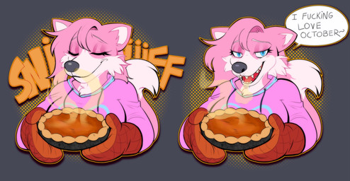 anthro baking black_nose clothing cooking female food fruit fur handwear happy hoodie mittens onomatopoeia oven_mitts pastry pie pink_body pink_fur plant profanity pumpkin pumpkin_pie relaxing scent smell smile sniffing solo sound_effects text tired topwear visible_sniffing white_body white_fur puropoly bella_(snugglefox22) canid canine fox mammal absurd_res english_text hi_res