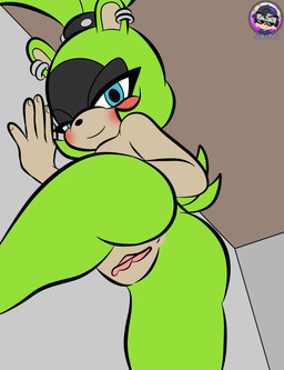accessory anthro anus blue_eyes breasts butt ear_piercing ear_ring female fur genitals green_body green_fur hair_accessory half-closed_eyes hand_on_wall looking_at_viewer looking_back looking_back_at_viewer narrowed_eyes nipples nude nude_anthro nude_female piercing ring_piercing seductive solo vulva sirjzau idw_publishing sega sonic_the_hedgehog_(comics) sonic_the_hedgehog_(idw) sonic_the_hedgehog_(series) surge_the_tenrec afrosoricid mammal tenrec absurd_res hi_res