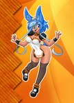 abstract_background anthro blue_eyes blue_hair breasts clothing eyewear female footwear freckles glasses hair inner_ear_fluff legwear on_one_leg open_mouth shoes solo standing stockings tuft nekonny lazuli_delarosa lagomorph leporid mammal rabbit 2019 hi_res