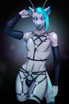 antennae_(anatomy) anthro armwear barcode bedroom_eyes blue_eyebrows blue_eyes blue_hair blue_lips blue_nose bulge chest_harness claws clothed clothing collarbone docked_ears ear_piercing eyebrows femboy fur hair harness leather leather_harness leather_strap legwear lips looking_at_viewer machine male metal_rings narrowed_eyes navel piercing pupils seductive simple_background smile solo straps thong underwear white_body white_fur white_pupils david_morston aya2h311 android canid canine canis mammal robot robot_anthro hi_res