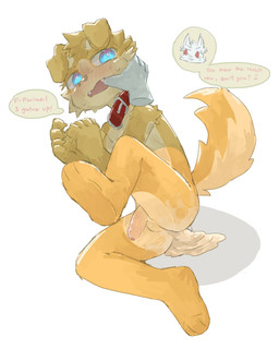 3_toes 5_fingers anthro anthro_on_anthro arm_tuft balls blue_eyes blush blush_lines bodily_fluids body_blush butt collar countershading cum cum_from_ass cum_in_ass cum_inside cum_pool dialogue disembodied_hand facial_tuft feet finger_in_mouth fingers fluffy fluffy_tail foreskin fur genital_fluids genitals glistening glistening_genitalia glistening_penis humanoid_genitalia humanoid_penis kemono male male/male male_anthro multicolored_body multicolored_fur penis penis_blush questionable_consent red_collar red_eyes shoulder_tuft simple_background speech_bubble sweat sweatdrop tail tan_balls tan_body tan_fur tan_penis toes tuft two_tone_body two_tone_fur white_background white_body white_fur yellow_body yellow_fur young young_anthro young_male regcron canid canine canis domestic_dog mammal 2025 hi_res