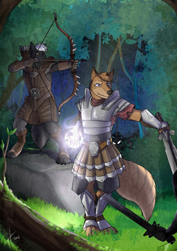 anthro armor black_body black_fur blue_eyes bow_(weapon) brown_body brown_fur brown_hair clothed clothing duo_focus front_view fur grass group hair holding_arrow holding_bow_(weapon) holding_melee_weapon holding_object holding_ranged_weapon holding_sword holding_weapon magic_user male male_anthro markings melee_weapon outside plant ranged_weapon short_hair shrub standing striped_body striped_fur striped_markings striped_tail stripes sword tail tail_markings tree trio weapon white_hair yellow_eyes hufnaar canid canine mammal hi_res