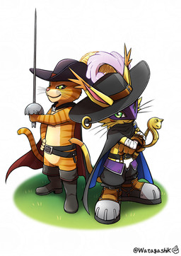 anthro belt boots cape clothing duo footwear fur green_eyes hat headgear headwear male mask melee_weapon orange_body orange_fur rapier shoes sword swordsman weapon yellow_body yellow_fur watagashikn bandai_namco digimon dreamworks puss_in_boots_(franchise) puss_in_boots_(dreamworks) digimon_(species) domestic_cat felid feline felis mammal nyabootmon absurd_res crossover hi_res