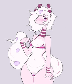 5_fingers anthro anthrofied arm_tuft bikini biped blush breasts closed_smile clothed clothed_anthro clothed_female clothing curvy_figure elbow_tuft eyebrows eyelashes female female_anthro fingernails fingers fur glistening glistening_eyes grey_background hair hourglass_figure humanoid_hands long_neck looking_at_viewer markings medium_breasts micro_bikini mouth_closed multicolored_body multicolored_clothing multicolored_fur multicolored_swimwear nails navel pattern_bikini pattern_clothing pattern_swimwear pink_body pink_fur pokemorph pose pupils purple_body purple_eyes purple_fur ring_(marking) shoulder_tuft simple_background slit_nostrils small_waist smile smiling_at_viewer snout solo standing striped_bikini striped_clothing striped_swimwear stripes swimwear tail thick_thighs three-quarter_view tuft two-piece_swimsuit two_tone_bikini two_tone_clothing two_tone_swimwear white_body white_fur white_hair white_sclera white_tail wide_hipped_anthro wide_hipped_female wide_hips 4chan_anon unknown_artist nintendo pokemon fan_character generation_6_pokemon mega_ampharos mega_evolution pokemon_(species) 2025 absurd_res digital_drawing_(artwork) digital_media_(artwork) flat_colors hi_res pinup portrait three-quarter_portrait