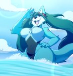 anthro big_breasts blue_body blue_eyes blue_fur breasts clothing cloud eyelashes female fur green_hair hair hair_over_eye hand_on_hip long_hair looking_at_viewer one-piece_swimsuit one_eye_obstructed open_mouth outside pigtails sea seascape sky solo swimwear tongue twintails_(hairstyle) water white_body white_fur overlordgirgy vocaloid divafox fan_character canid canine fox mammal 2023 digital_media_(artwork) hi_res