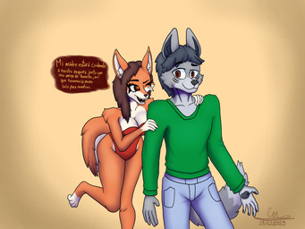 anthro blue_bottomwear blue_clothing bottomwear clothed clothing duo female green_clothing green_shirt green_topwear holidays male red_clothing shirt text topwear cmaster1987 christmas furmoon_(dmoon) shyla_(yurliaz) canid canine canis fox mammal wolf hi_res spanish_description spanish_text