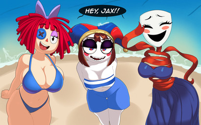 accessory bandeau_bikini bare_shoulders beach bedroom_eyes big_breasts bikini bikini_skirt black_eyes blue_bikini blue_clothing blue_eyes blue_swimwear bob_cut bow_ribbon breasts brown_hair button_(fastener) button_eyes clothed clothing curvy_figure dialogue doll eyelashes eyeshadow female fool's_hat group hair hair_accessory hair_bow hair_ribbon hat headgear headwear light-skinned_female light_body light_skin looking_at_viewer makeup mask multicolored_eyes narrowed_eyes not_furry outside purple_eyeshadow rag_doll_(toy) red_eyes red_hair ribbons rosy_cheeks sea seaside seductive short_hair skimpy skimpy_bikini swimming_trunks swimwear text thick_thighs trio trio_focus two-piece_swimsuit two_tone_eyes voluptuous voluptuous_female voluptuous_humanoid water white_body white_skin wide_hipped_female wide_hipped_humanoid wide_hips necronnus glitch_productions the_amazing_digital_circus gangle_(tadc) pomni_(tadc) ragatha_(tadc) animate_inanimate fabric_creature human humanoid living_doll living_mask mammal 16:10 2025 absurd_res artist_name english_text hi_res watermark widescreen