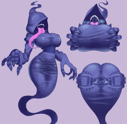 big_breasts big_butt bodily_fluids breast_grab breasts butt female genitals ghost_tail hand_on_breast hood huge_breasts long_tongue multiple_poses nipple_outline open_mouth pink_tongue pose presenting presenting_hindquarters presenting_vulva purple_background purple_body purple_stripes saliva saliva_string sharp_teeth simple_background solo spread_vulva spreading steam stripes teeth thick_thighs tongue tongue_out vulva wide_hips saltyslice ghost humanoid spirit undead 2022 absurd_res digital_media_(artwork) hi_res