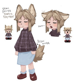 anthro bottomwear clothing directional_arrow ears_down ears_up eyebrows eyes_closed female footwear fur hair open_mouth pivoted_ears simple_background skirt solo teeth text tongue topwear white_background color_fox animal_humanoid canid canine humanoid mammal hi_res korean_text