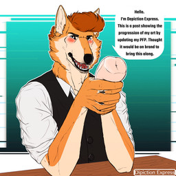 5_fingers anthro black_pawpads blush claws clothing collared_shirt dialogue dress_shirt ear_piercing fingers fur furniture gold_(metal) gold_jewelry gradient green_background greeting jewelry looking_at_viewer male multicolored_body multicolored_fur orange_body orange_fur pawpads paws penetrable_sex_toy piercing sex_toy shirt simple_background solo speech_bubble suit table talking_to_viewer tan_body tan_fur text topwear vest depictionexpress conductor_ramirez_(depictionexpress) canid canine canis domestic_dog husky mammal maned_wolf nordic_sled_dog spitz 1:1 absurd_res english_text hi_res portrait