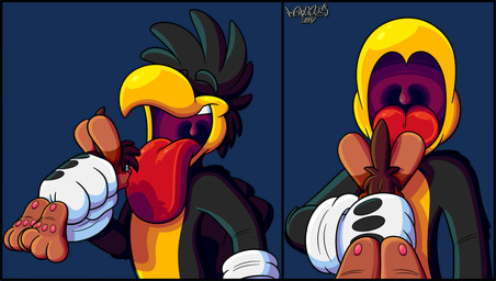 3_toes 4_fingers anthro beak big_feet big_tongue cartoon_gloves curling_toes duo extreme_size_difference eyewear feet fingers glasses long_tongue macro male male/male micro open_beak open_mouth pawpads paws red_tongue size_difference soft_vore soles spread_toes tail thick_tongue toes tongue toony uvula vore wearing_glasses wide_tongue marquis2007 roderick_(tamerkoh) zak_(marquis2007) avian bird corvid corvus_(genus) crow lagomorph leporid mammal oscine passerine rabbit absurd_res alpha_channel hi_res multiple_scenes