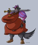 anthro belly big_breasts breasts clothed clothing crossgender female footwear fur grey_body grey_fur headgear headwear huge_breasts melee_weapon mtf_crossgender overweight overweight_anthro overweight_female solo sword weapon dutch_(artist) disney robin_hood_(disney) sheriff_of_nottingham canid canine canis mammal wolf 2023 digital_media_(artwork) hi_res