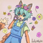 accessory adolescent anthro clothed clothing eyebrows flower flower_crown flower_in_hair fur green_eyebrows green_eyes green_hair hair hair_accessory kemono looking_at_viewer open_mouth orange_body orange_fur overalls pawpads pink_pawpads plant shirt simple_background solo tail topwear young lonelywolfyboi omori_(game) basil_(omori) canid canine fox mammal 1:1 hi_res male_(lore)