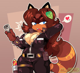 anthro belt big_breasts blue_eyes breasts brown_body brown_fur brown_hair cleavage clothed clothing female fur hair heart_symbol jacket long_hair open_mouth simple_background solo tail tanuki_leaf topwear zipper isaacsart2005 ash_(buxy) canid canine mammal raccoon_dog tanuki digital_drawing_(artwork) digital_media_(artwork)