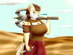 anthro arbalist bottomwear breasts clothing cloud crossbow dagger desert dual_wielding ear_piercing ear_ring female fur fur_markings heart_(marking) holding_melee_weapon holding_object holding_ranged_weapon holding_weapon landscape landscape_background leather leather_clothing leather_topwear light markings masika_(trinitygodag) melee_weapon mohawk olive_eyes piercing ranged_weapon ring_piercing sand skirt solo spots spotted_body tail topwear weapon weapon_on_shoulder trinitygodag patreon felid feline felis mammal sand_cat 2023 4:3 absurd_res digital_drawing_(artwork) digital_media_(artwork) hi_res lighting shaded signature