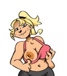 anthro areola belly big_breasts blonde_hair breasts clothing female flashing hair holding_breast leggings legwear navel nipples presenting presenting_breasts slightly_chubby smile smiling_at_viewer solo mevka_(artist) minami_(remanedur) canid canine canis domestic_dog mammal hi_res