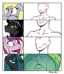 blonde_mane blue_hair blush crossgender dark_body dark_fur dark_hair dialogue duo faceless_character fangs female feral fur green_eyes grey_body grey_fur grey_skin hair horn kiss_mark kiss_mark_on_face mane multicolored_hair pink_body pink_fur romantic slime smile teeth icey_(artist) friendship_is_magic hasbro my_little_pony mythology anon derpy_hooves_(mlp) king_sombra_(mlp) princess_cadance_(mlp) queen_chrysalis_(mlp) arthropod changeling_(mlp) equid equine horse human mammal mythological_creature mythological_equine pony unicorn 2024 absurd_res hi_res line_art meme multiple_images
