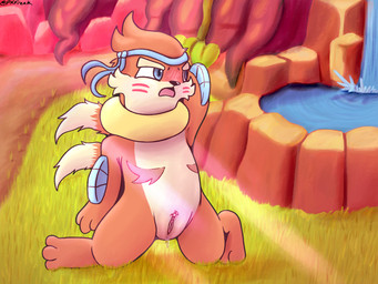 2_tails 3_fingers 3_toes accessory anthro aroused blue_clothing blue_eyes blue_headband blue_headwear blush blush_lines bodily_fluids cheek_tuft clitoris clothing darkened_genitalia darkened_vulva dirt_path exaggerated_mastectomy_scar exhibitionism eyebrows facial_tuft feet female fingers fur furrowed_eyebrows genital_fluids genitals grass hand_behind_head headband headgear headwear kneeling kneeling_on_ground light light_beam looking_aside markings mastectomy_scar mostly_nude multi_tail nude on_grass on_ground open_mouth orange_body orange_fur plant pokemorph pond pose red_markings rock roots scar solo sunbeam sunlight tail tan_body tan_fur text toes tongue tuft vaginal_fluids water waterfall worried yellow_body pkfreak nintendo pokemon pokemon_mystery_dungeon spike_chunsoft firebird_(psykwol) buizel generation_4_pokemon pokemon_(species) 4:3 hi_res signature watermark trans_(lore) trans_man_(lore)