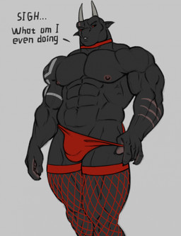 abs arm_tattoo black_body black_scales black_sclera bulge choker clothing curved_horn dialogue fishnet_clothing fishnet_legwear grey_background half-closed_eyes horn humanoid_pointy_ears jewelry legwear male muscle_tone muscular muscular_humanoid muscular_male narrowed_eyes necklace pecs pointy_ears scales simple_background solo stockings tattoo text thong underwear kostos_art grock_(kostos_art) alien humanoid scalie suborg english_text hi_res