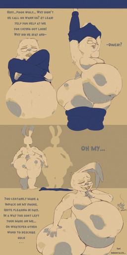 after_vore age_difference anthro armpit_tuft belly_kiss belly_overhang belly_tuft big_butt black_text blue_clothing blue_sweater blue_topwear bodily_fluids bottomwear bottomwear_down butt cellulite clothed clothing duo ears_down ears_up ellipsis eyewear glasses grey_markings grey_text hand_on_butt hand_on_own_butt looking_at_self looking_pleasured male male/male markings moobs motion_lines nude_silhouette onomatopoeia pants pants_down partially_clothed pivoted_ears post_vore_weight_gain silhouette sound_effects sweat sweatdrop sweater talking_to_another talking_to_self text topwear tuft undressing undressing_self vore weight_gain afraart ben-bun_(afraart) greg_(afraart) canid canine canis ghost lagomorph leporid mammal rabbit spirit wolf absurd_res hi_res