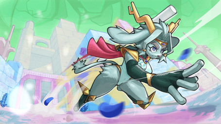 anthro antlers armwear boots bracelet cape clothing crown dream_breaker_(pseudoregalia) elbow_gloves female female_anthro fingerless_gloves floppy_ears footwear fur gloves grey_body grey_fur grey_hair hair handwear headgear hip_tuft holding_object holding_weapon horn jewelry legwear leotard looking_forward lop_ears pose red_cape red_clothing shoes shoulder_guards solo tail thigh_boots thigh_highs three-quarter_view tiara tuft weapon white_clothing white_leotard kopikup pseudoregalia sybil_(pseudoregalia) bovid caprine felid feline goat lagomorph leporid mammal rabbit 16:9 2026 digital_media_(artwork) digital_painting_(artwork) hi_res painting_(artwork) shaded widescreen
