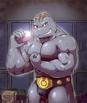 abs barazoku blush bodily_fluids bulge cellphone clothing electronics flexing humanoid_hands locker_room male muscular muscular_humanoid muscular_male not_furry phone red_eyes smartphone smile solo sweat teeth underwear unagi_bukuro nintendo pokemon generation_1_pokemon humanoid machoke pokemon_(species) 2021 hi_res