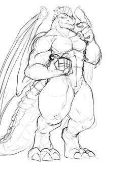 abs anthro claws facial_hair gift goatee holding_gift holding_object holding_present male muscular nude simple_background solo standing tail white_background wings pandottermon mythology dragon mythological_creature mythological_scalie scalie 3:4 absurd_res black_and_white guide_lines hi_res monochrome