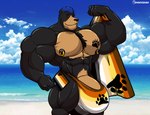 abs anthro bear_pride_colors big_bulge big_muscles black_body black_fur blue_hair bulge chest_tuft fluffy fluffy_chest fur genitals hair huge_bulge huge_muscles hyper hyper_muscles lgbt_pride male muscular nipple_piercing nipples penis penis_base piercing solo tuft yellow_body yellow_fur xmonstadogx lgbt_pride_month unknownbear bear black_bear mammal ursine hi_res