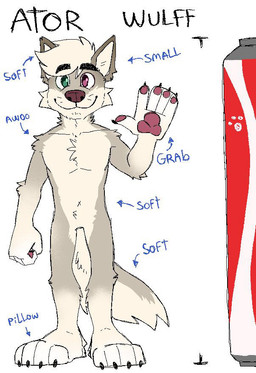 4_toes anthro arm_tuft beverage_can feet fur heterochromia male micro pawpads shoulder_tuft solo tail tan_body tan_fur text toes tuft atorwulfu_(artist) atorwulfu_(character) canid canine canis mammal wolf 2025 english_text model_sheet